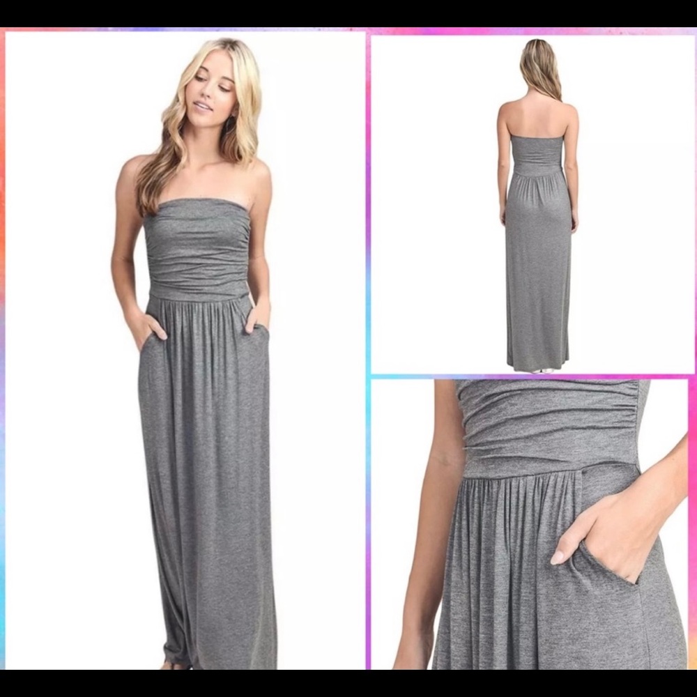 New strapless ruched maxi dress with pockets